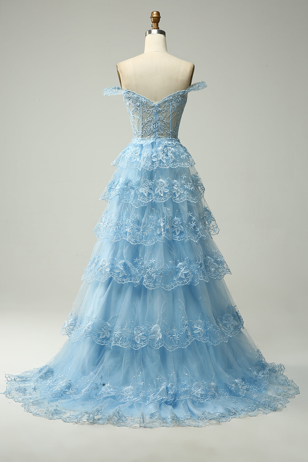 Light blue off-the-shoulder ruffled A-line prom dress