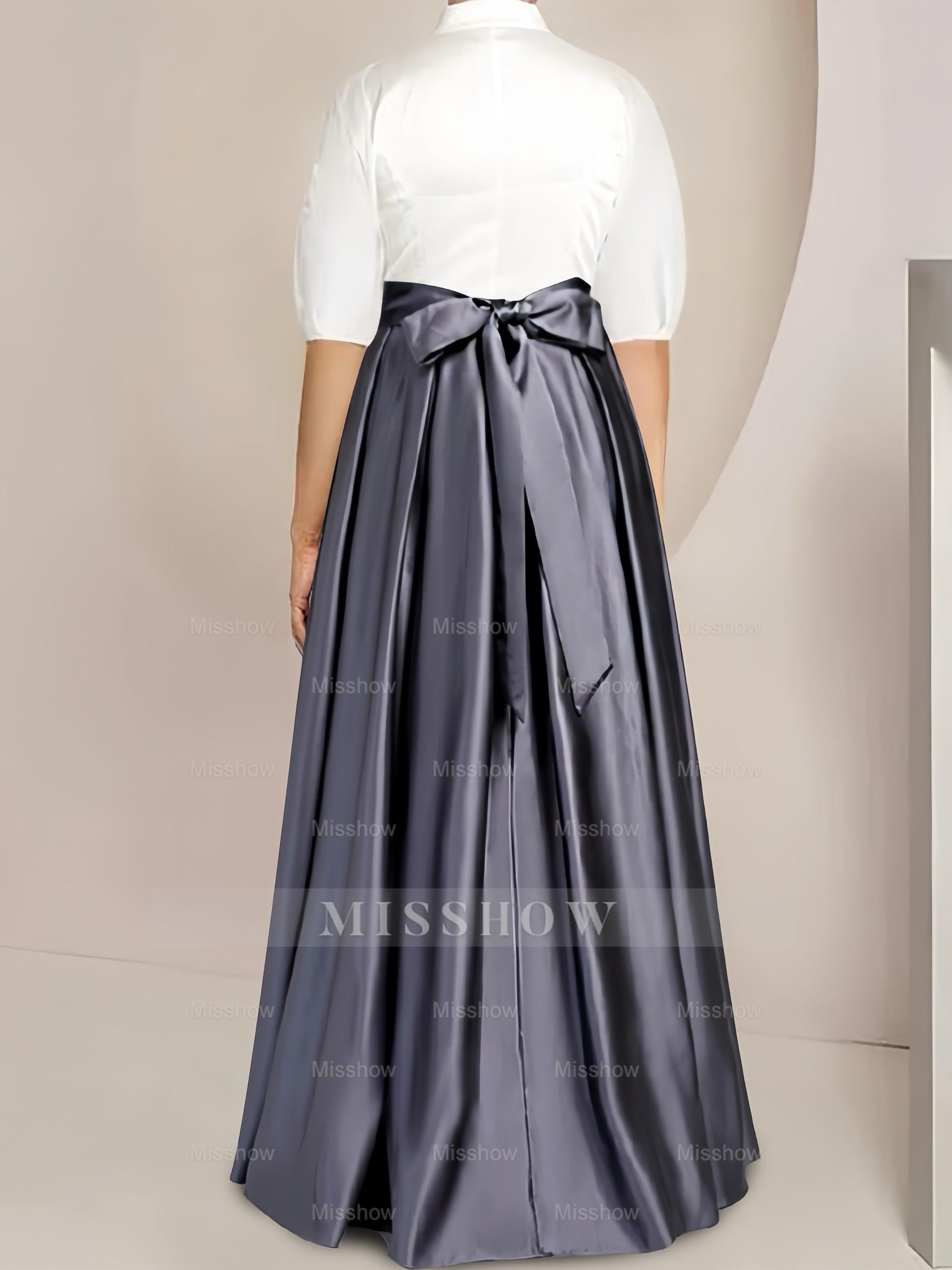 Princess A-Line Satin Mother of the Bride Dress with Bowknot - Plus Size Floor-Length 2-Piece Set