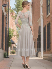 Princess A-Line Scoop Neck Tea-Length Mother of the Bride Dress with Lace and Appliques
