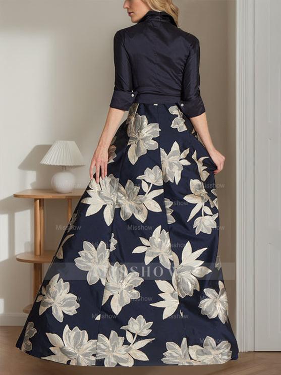 Princess A-Line Shirt Collar Floor-Length Dress with 3/4 Sleeves and Floral Print