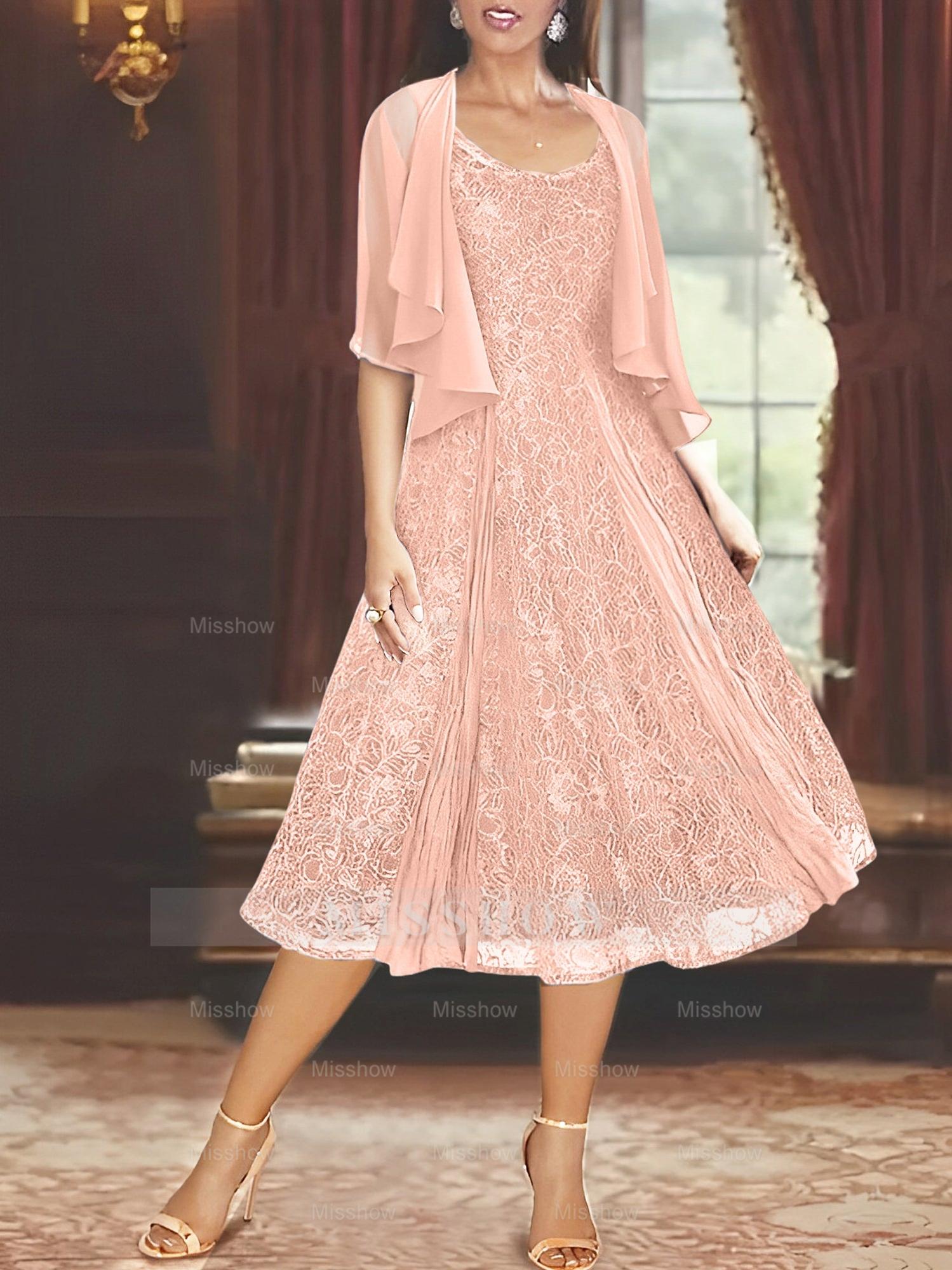 Princess A-Line Tea-Length Mother of the Bride Dress with Scoop Neck Half Sleeves Appliques and Jacket