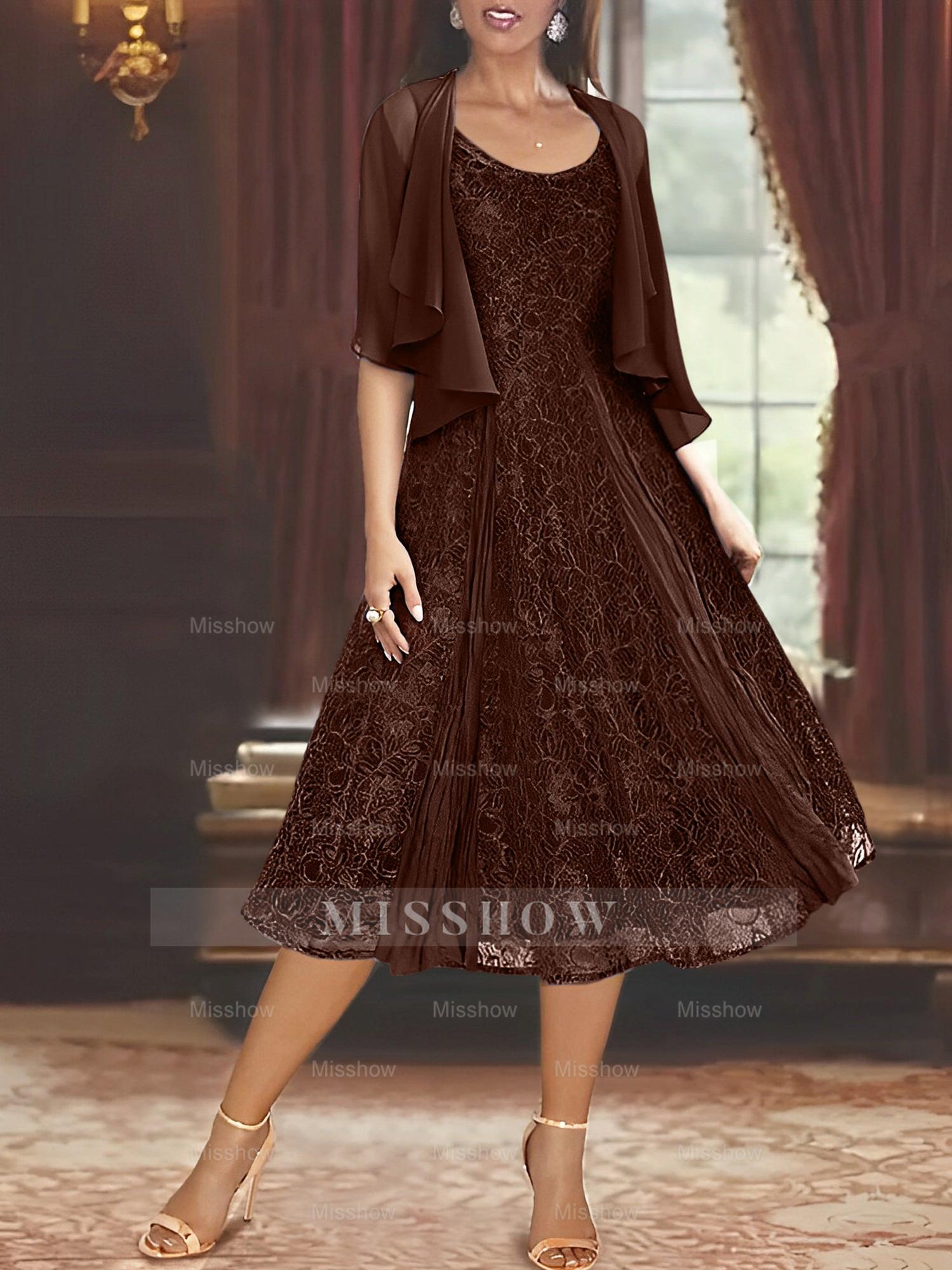 Princess A-Line Tea-Length Mother of the Bride Dress with Scoop Neck Half Sleeves Appliques and Jacket