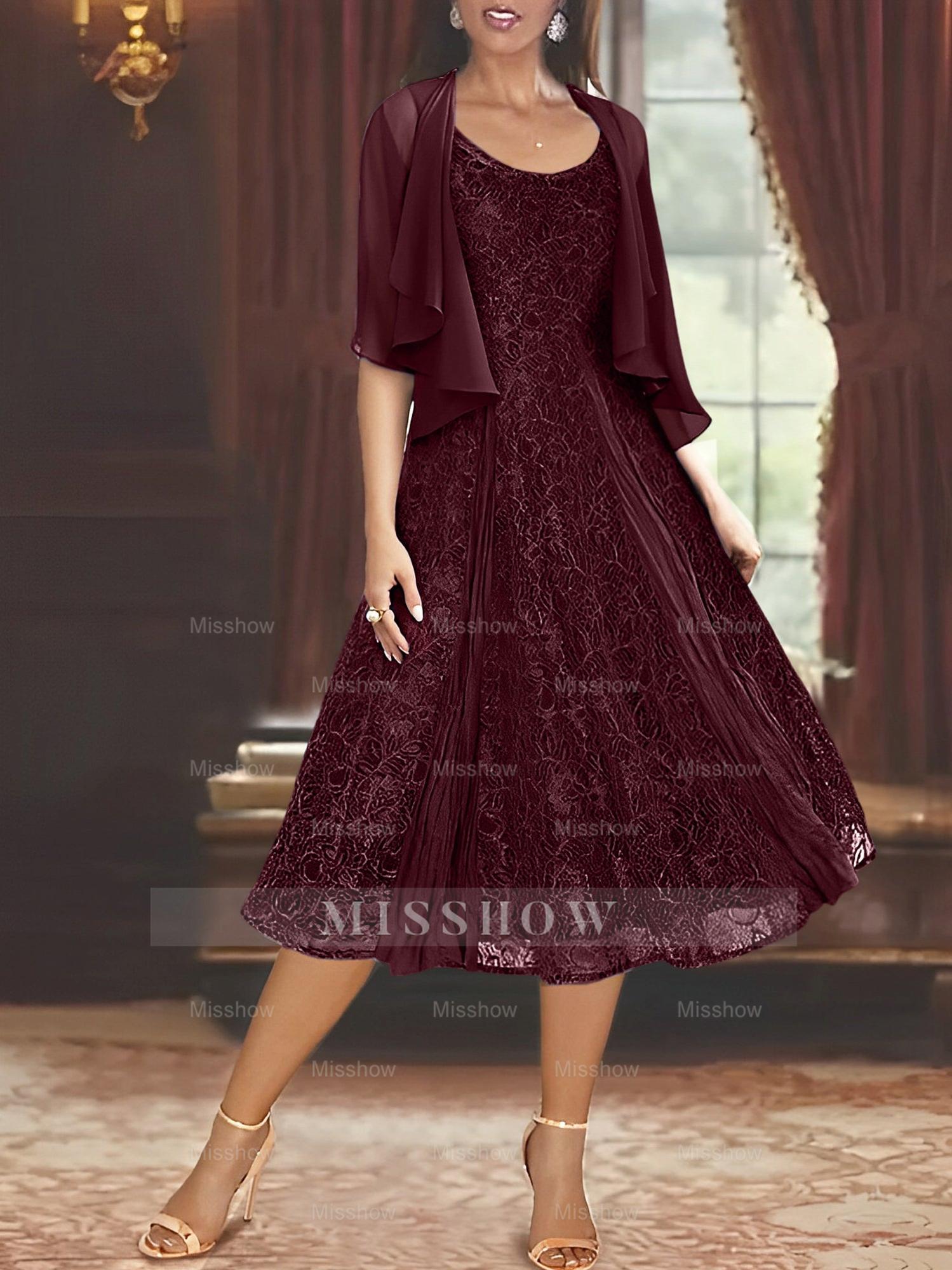 Princess A-Line Tea-Length Mother of the Bride Dress with Scoop Neck Half Sleeves Appliques and Jacket