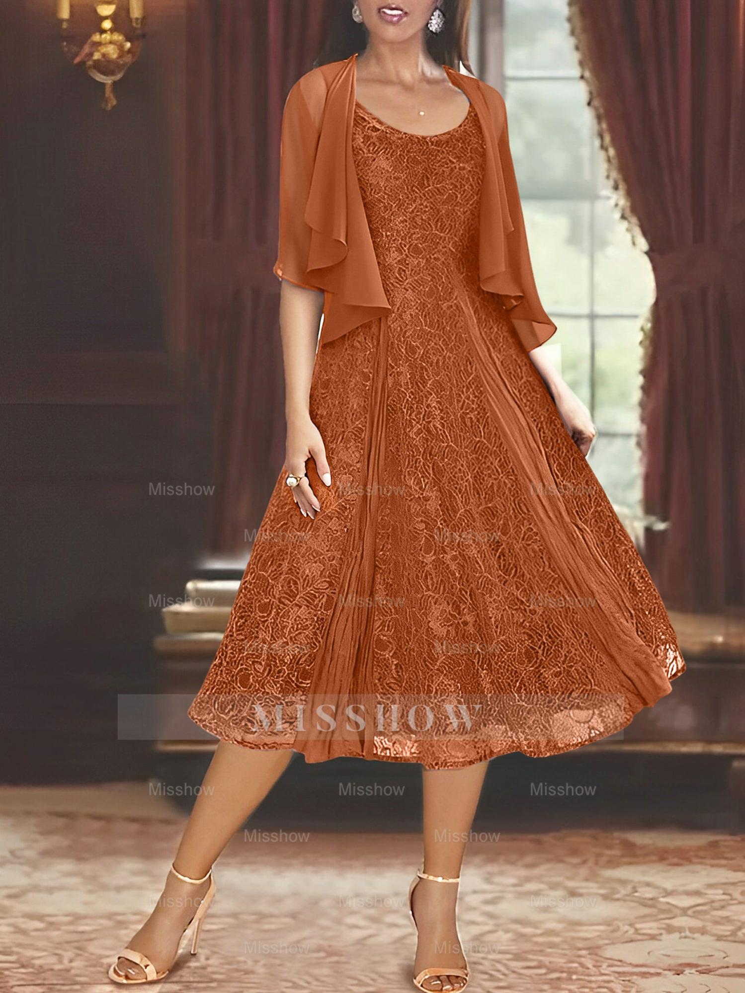 Princess A-Line Tea-Length Mother of the Bride Dress with Scoop Neck Half Sleeves Appliques and Jacket