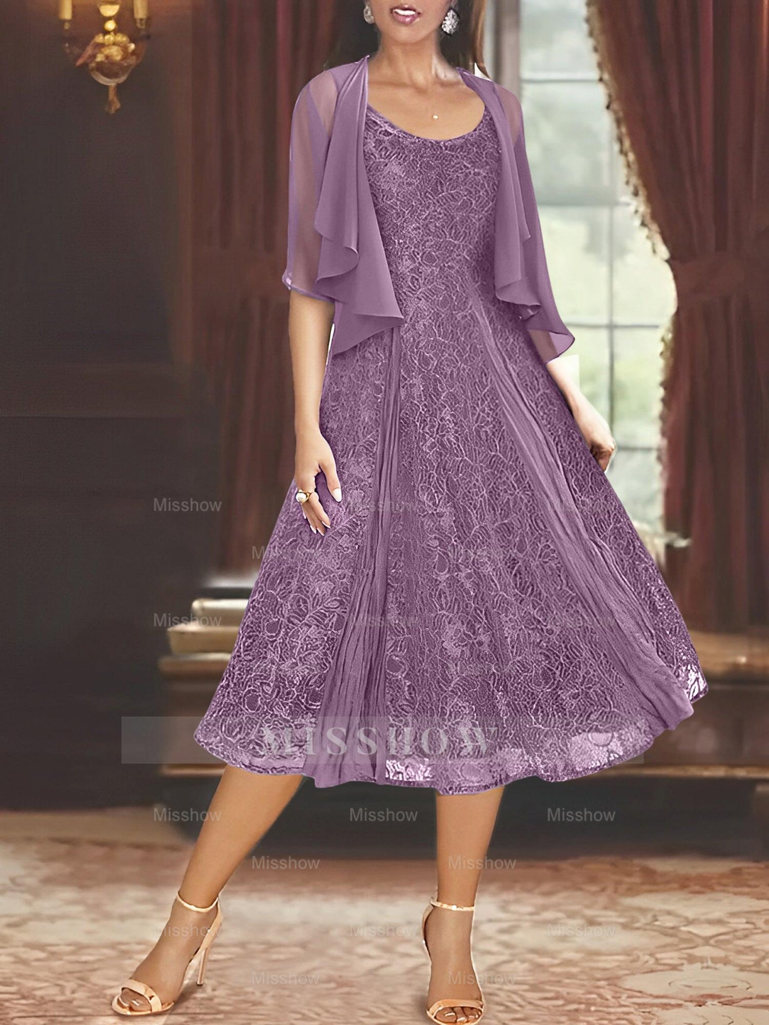 Princess A-Line Tea-Length Mother of the Bride Dress with Scoop Neck Half Sleeves Appliques and Jacket