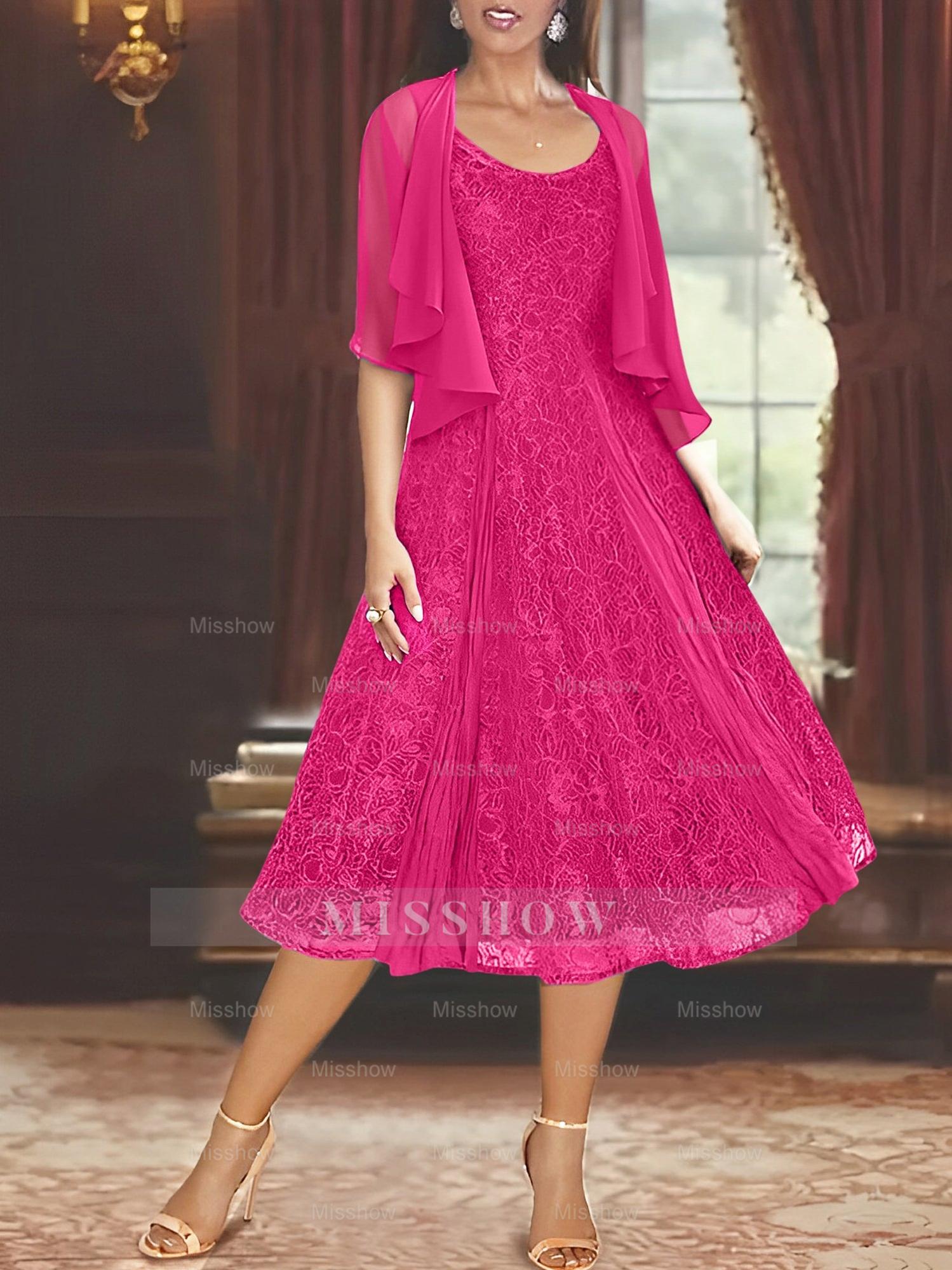Princess A-Line Tea-Length Mother of the Bride Dress with Scoop Neck Half Sleeves Appliques and Jacket