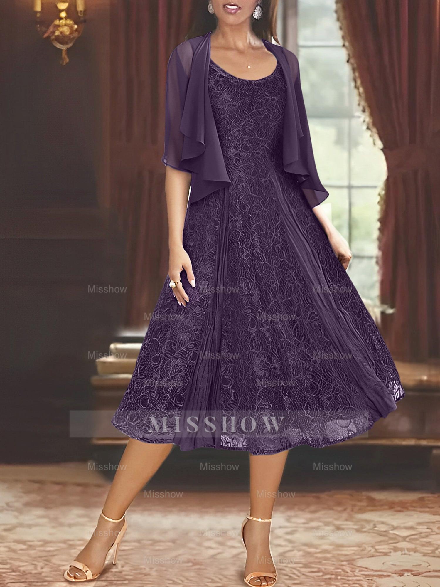 Princess A-Line Tea-Length Mother of the Bride Dress with Scoop Neck Half Sleeves Appliques and Jacket