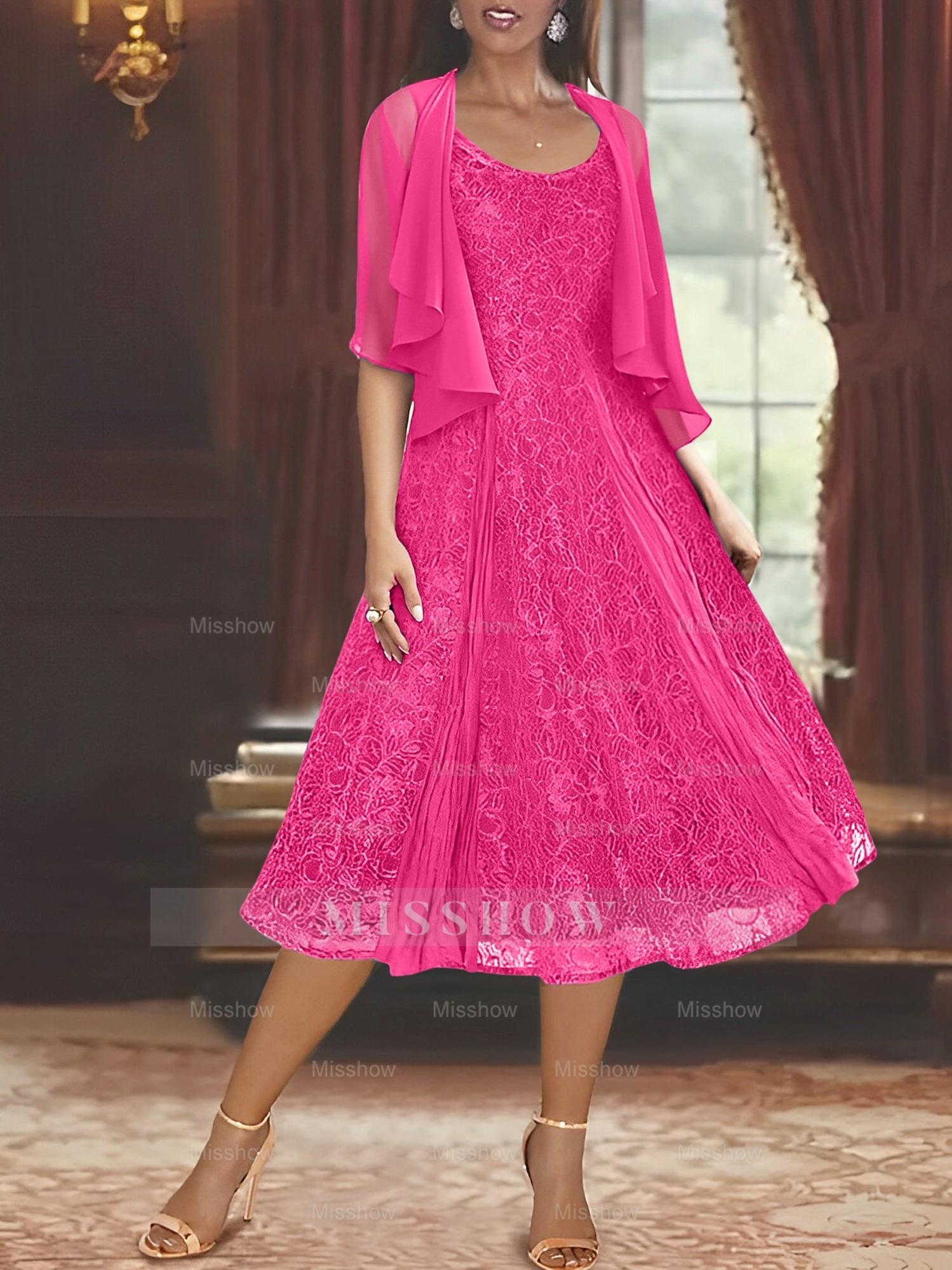 Princess A-Line Tea-Length Mother of the Bride Dress with Scoop Neck Half Sleeves Appliques and Jacket