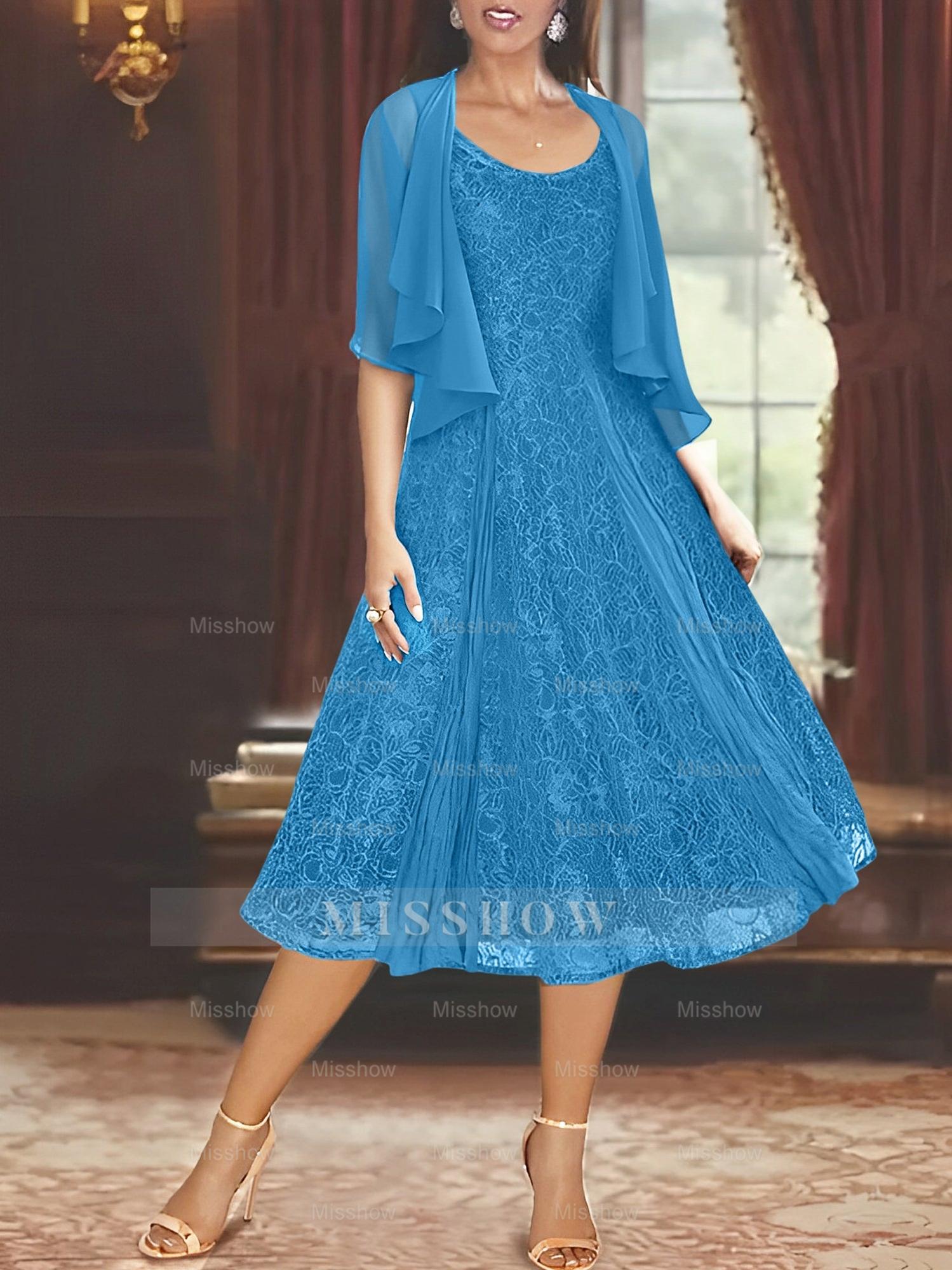 Princess A-Line Tea-Length Mother of the Bride Dress with Scoop Neck Half Sleeves Appliques and Jacket