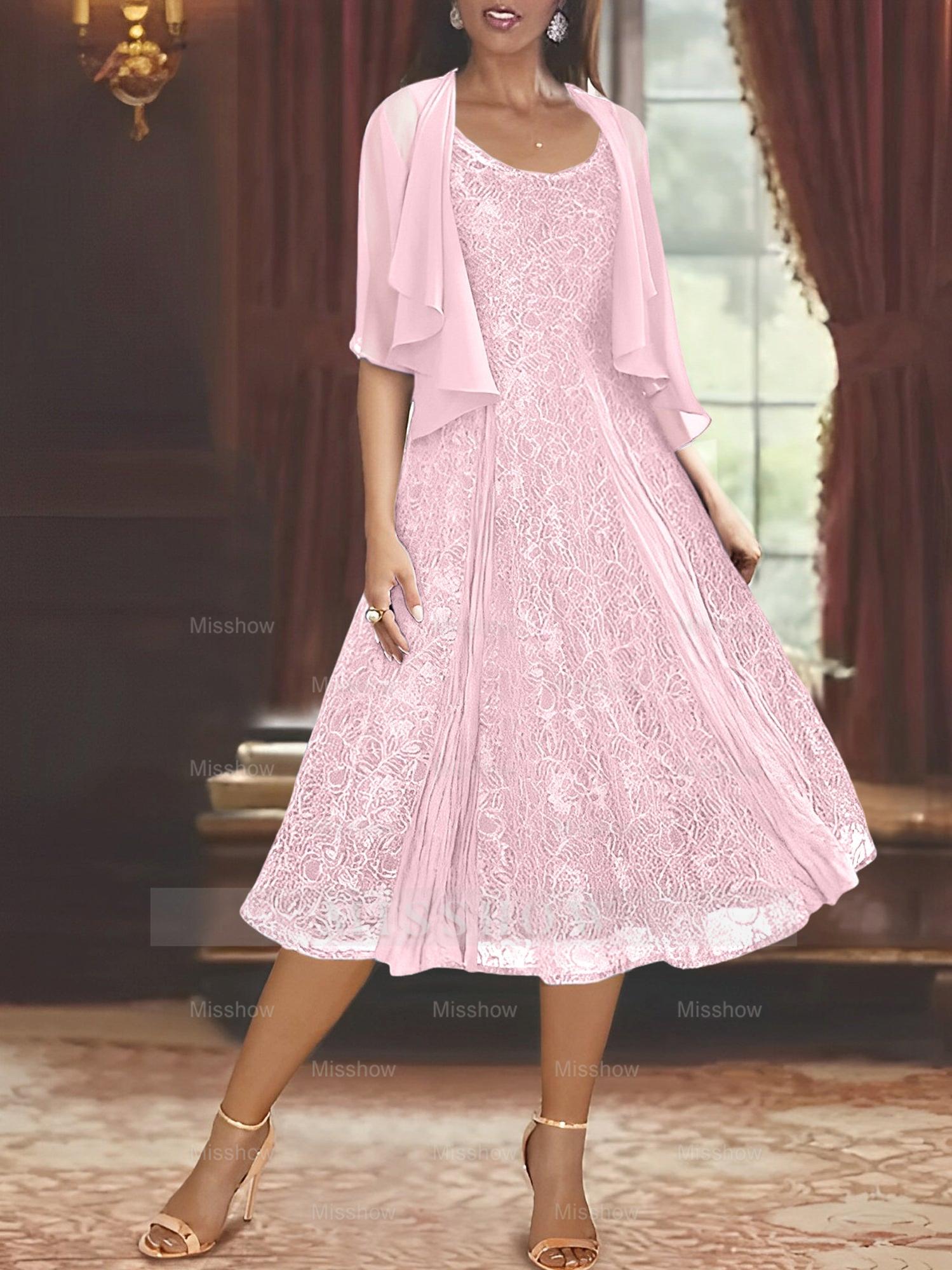 Princess A-Line Tea-Length Mother of the Bride Dress with Scoop Neck Half Sleeves Appliques and Jacket