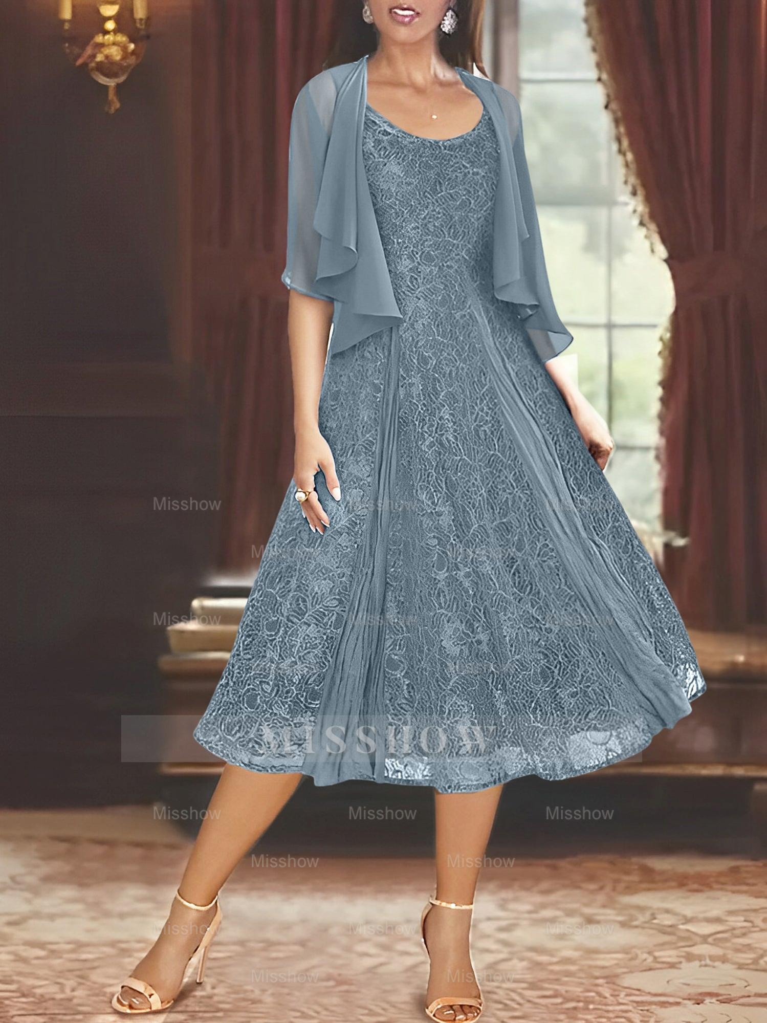 Princess A-Line Tea-Length Mother of the Bride Dress with Scoop Neck Half Sleeves Appliques and Jacket