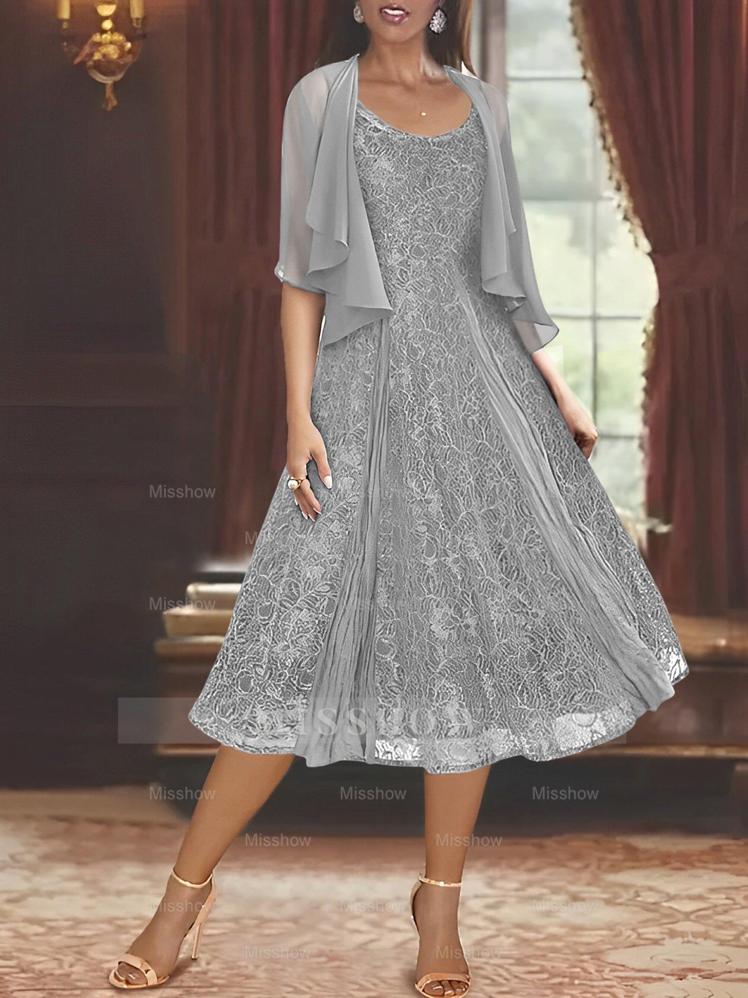 Princess A-Line Tea-Length Mother of the Bride Dress with Scoop Neck Half Sleeves Appliques and Jacket