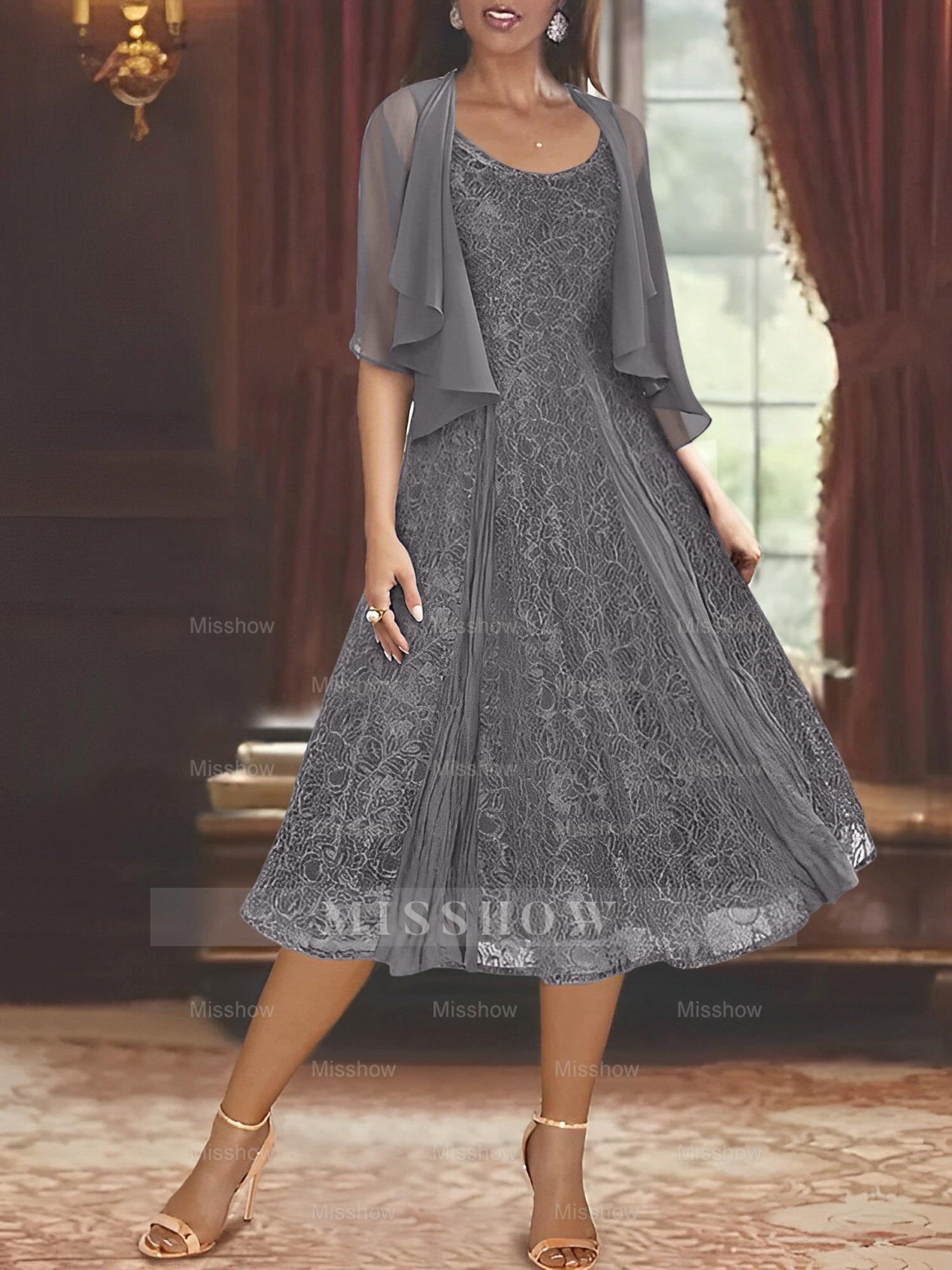 Princess A-Line Tea-Length Mother of the Bride Dress with Scoop Neck Half Sleeves Appliques and Jacket