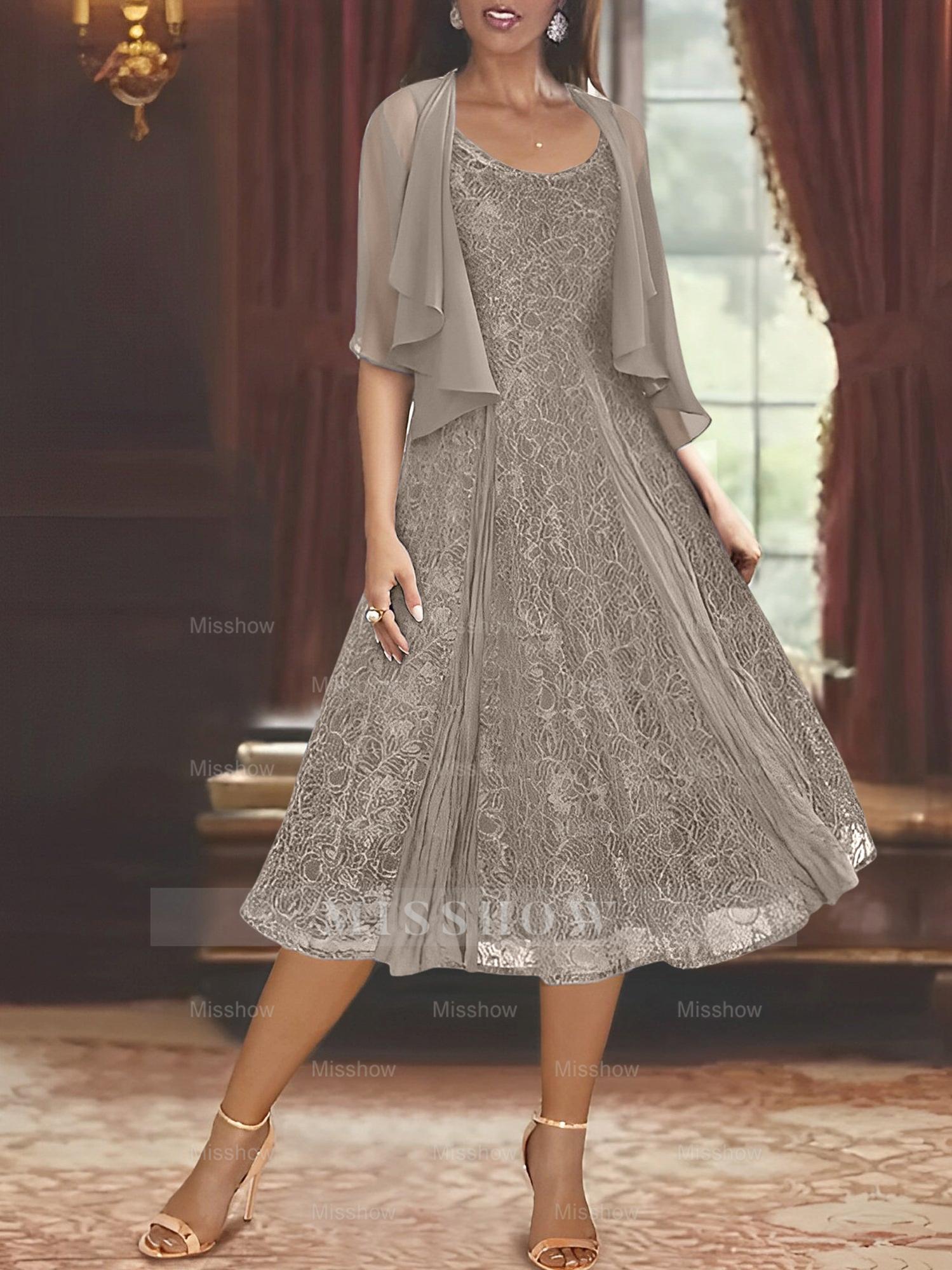 Princess A-Line Tea-Length Mother of the Bride Dress with Scoop Neck Half Sleeves Appliques and Jacket