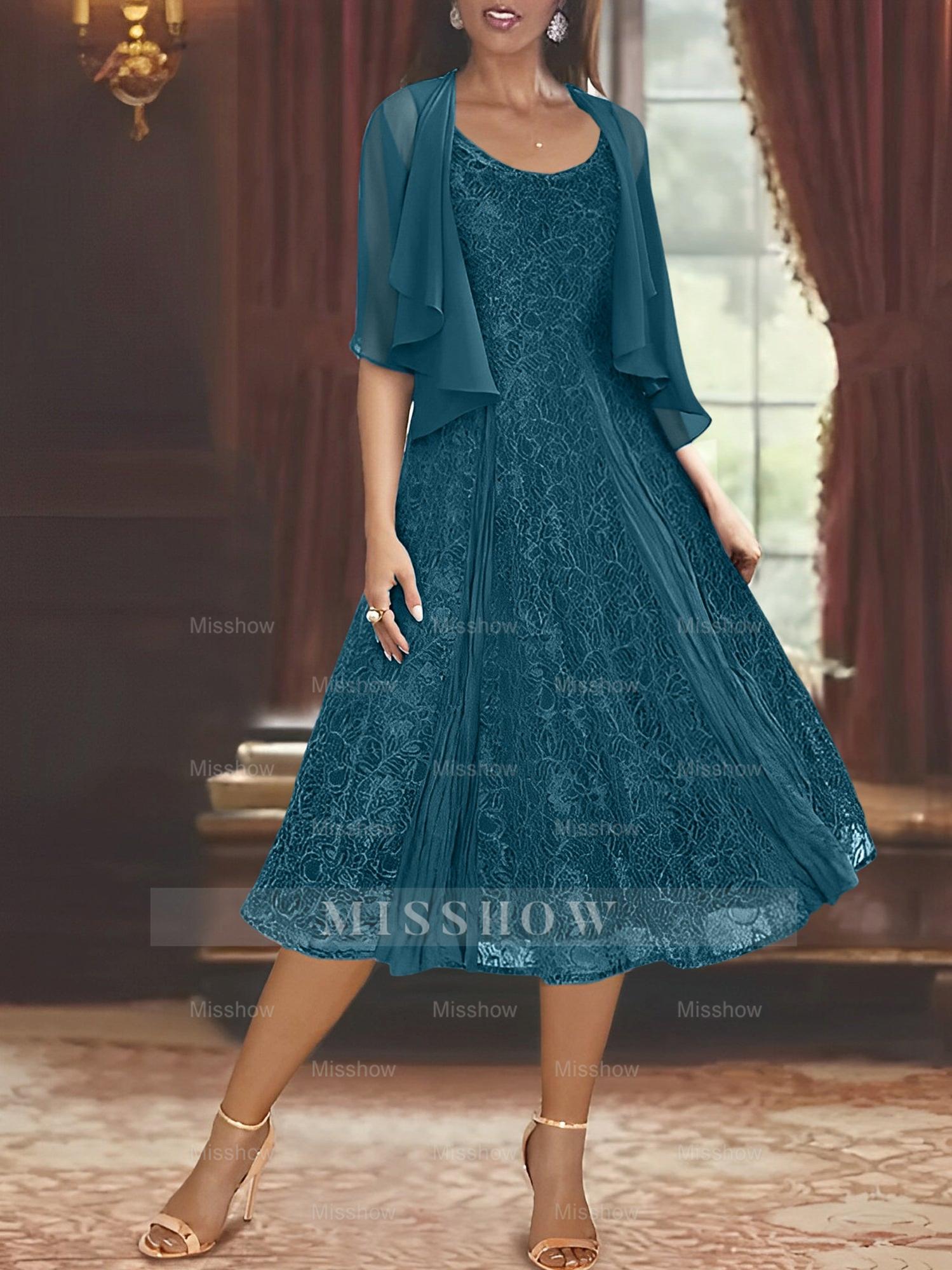 Princess A-Line Tea-Length Mother of the Bride Dress with Scoop Neck Half Sleeves Appliques and Jacket