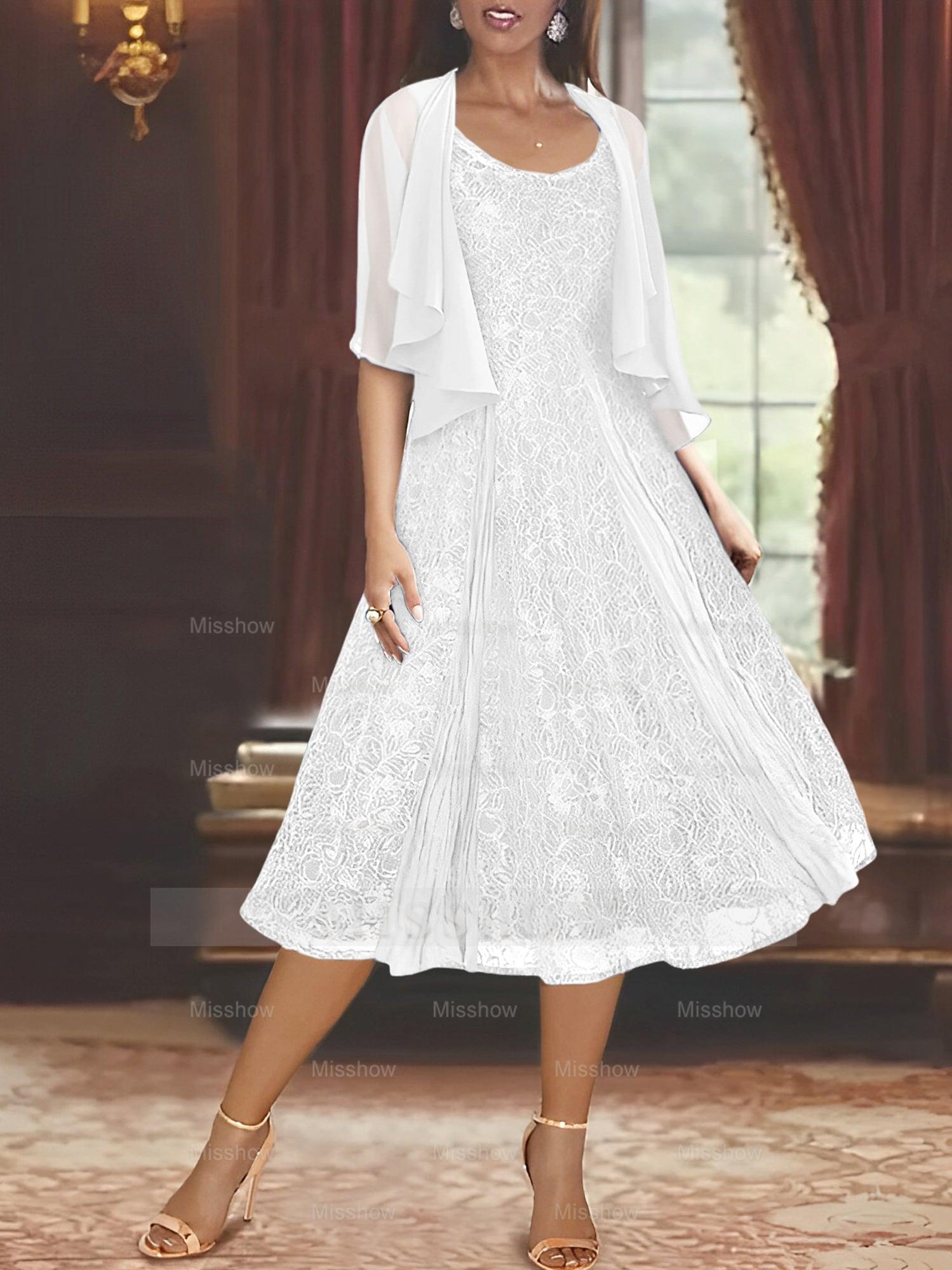 Princess A-Line Tea-Length Mother of the Bride Dress with Scoop Neck Half Sleeves Appliques and Jacket