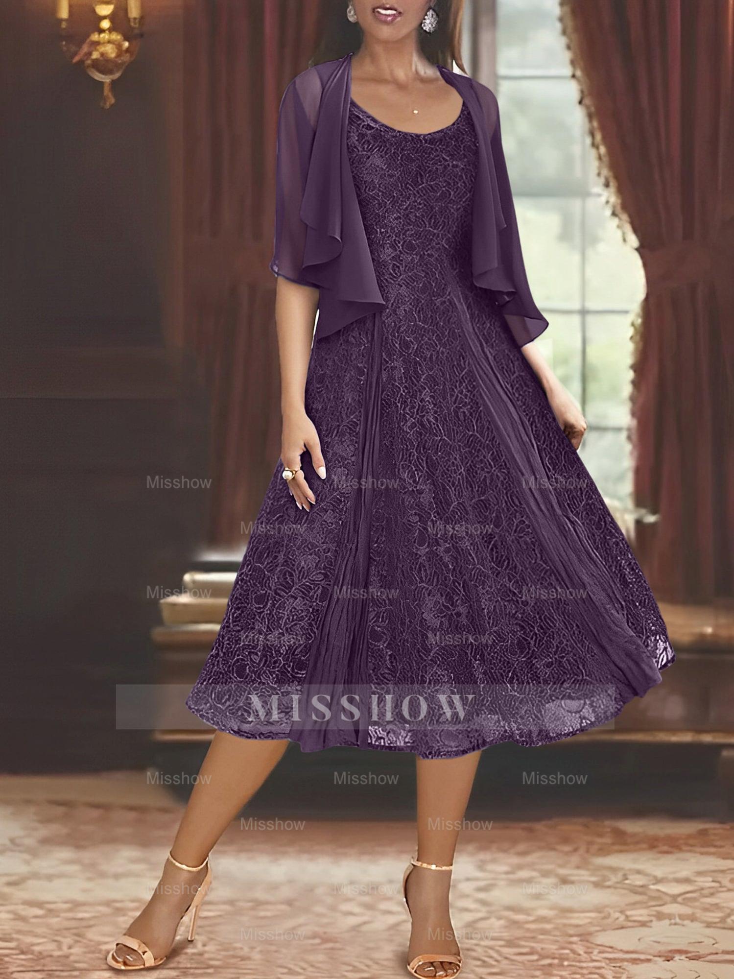 Princess A-Line Tea-Length Mother of the Bride Dress with Scoop Neck Half Sleeves Appliques and Jacket