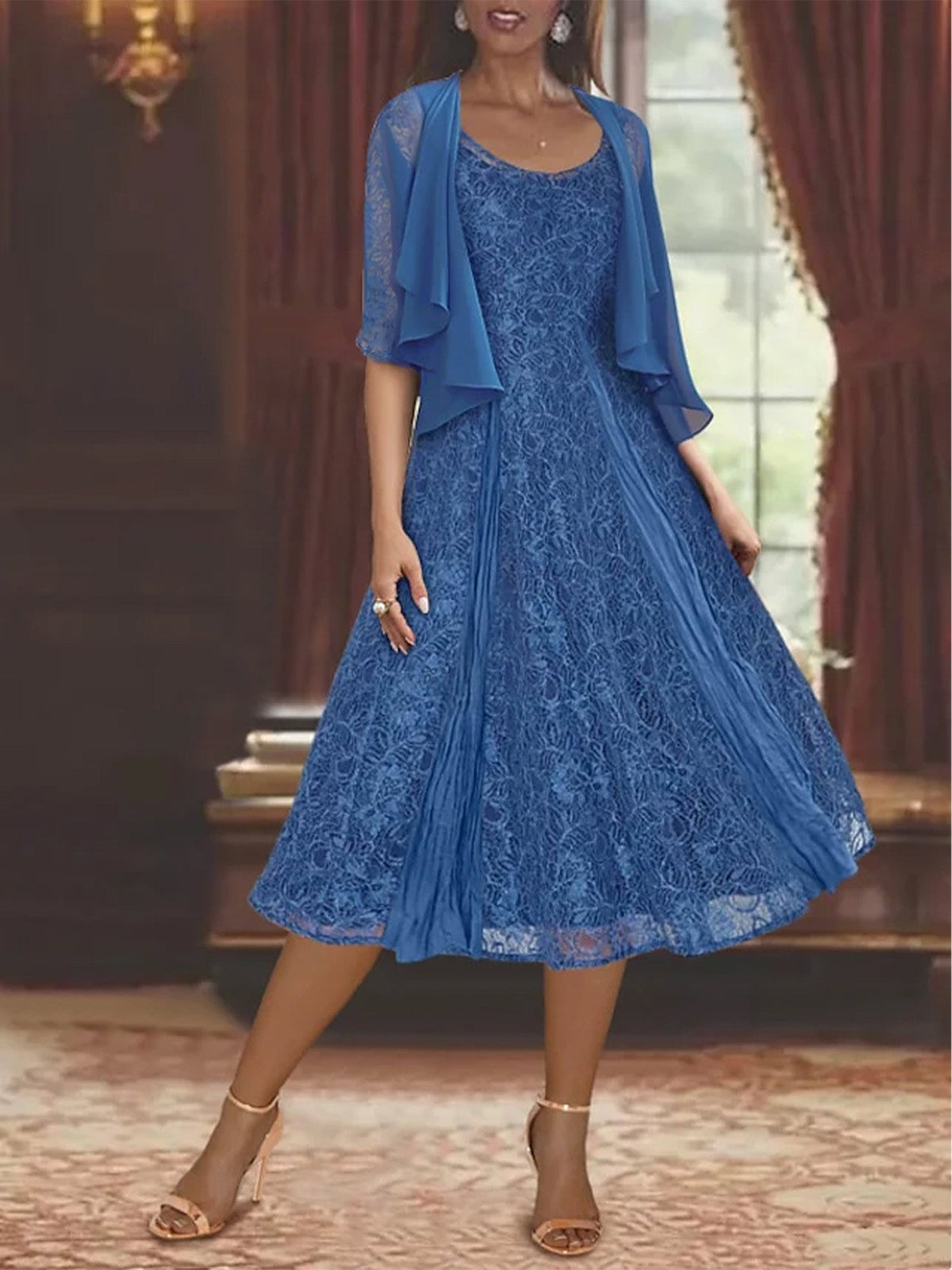 Princess A-Line Tea-Length Mother of the Bride Dress with Scoop Neck Half Sleeves Appliques and Jacket