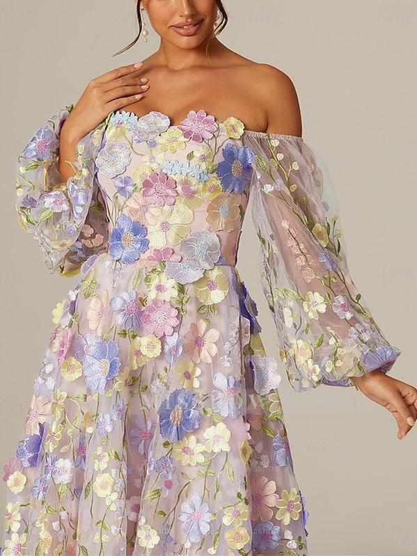 Princess A-Line Tea-Length Mother of the Bride Dress with Square Neck and Long Sleeves Featuring Appliques