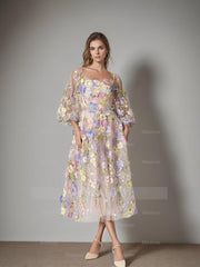 Princess A-Line Tea-Length Mother of the Bride Dress with Square Neck and Long Sleeves Featuring Appliques