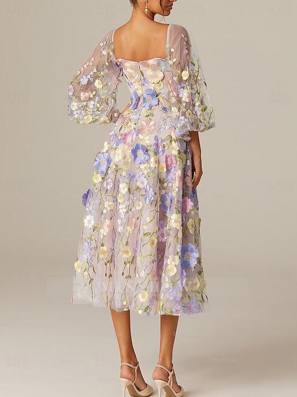 Princess A-Line Tea-Length Mother of the Bride Dress with Square Neck and Long Sleeves Featuring Appliques