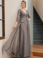 Princess A-Line V-Neck Floor-Length Mother of the Bride Dress with 3/4 Sleeves Appliques & Sequins