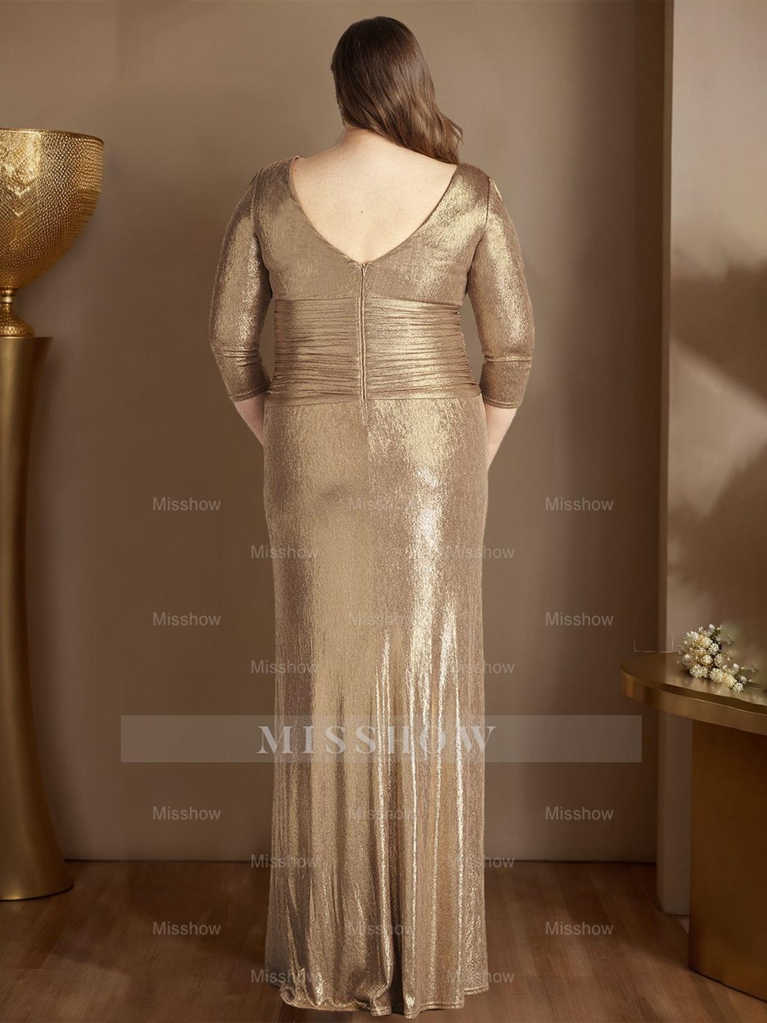 Princess A-Line V-Neck Floor-Length Plus Size Mother of the Bride Dress with 3/4 Sleeves and Ruffles
