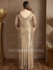 Princess A-Line V-Neck Floor-Length Plus Size Mother of the Bride Dress with 3/4 Sleeves and Ruffles