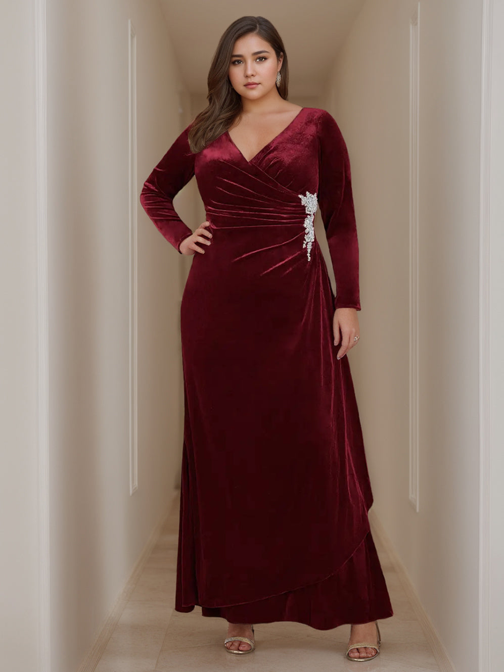 Princess A-Line V-Neck Floor-Length Plus Size Velvet Mother of the Bride Dress with Long Sleeves and Ruffles