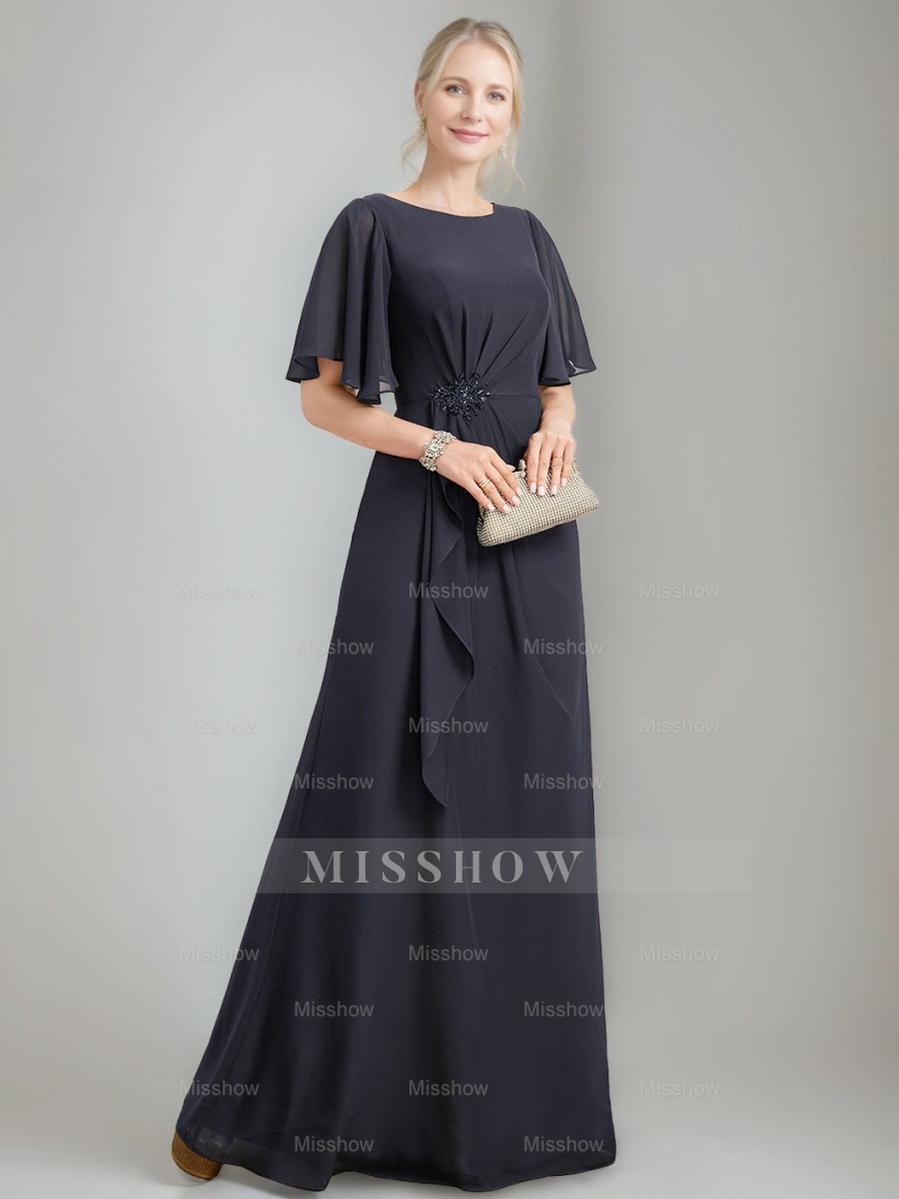 Princess A-line Jewel Neck Floor-Length Mother of the Bride Dress with Ruffles Crystals and Beads