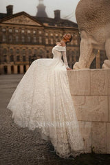Princess Ivory Off-The-Shoulder Long Sleeves Ball gown Wedding Dress with Appliques