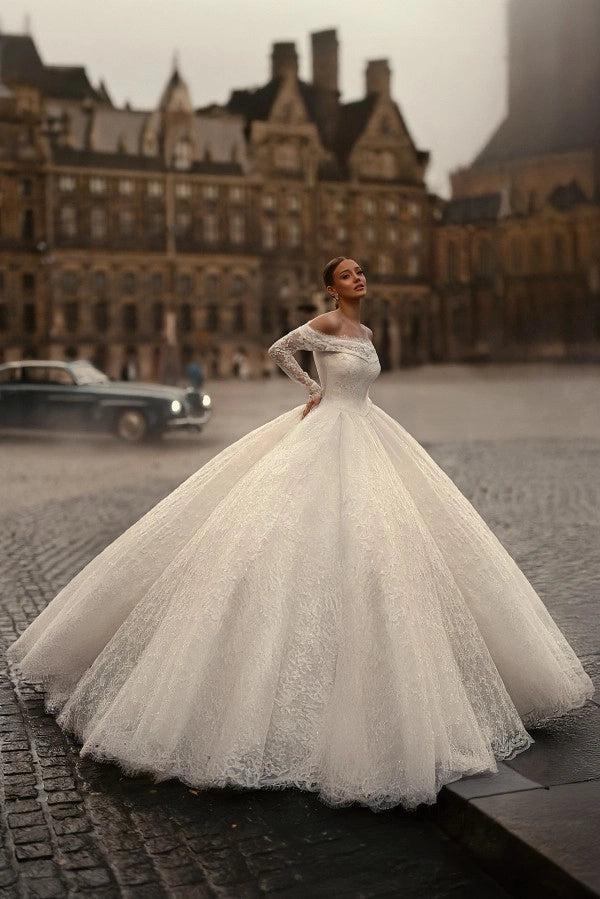 Princess Ivory Off-The-Shoulder Long Sleeves Ball gown Wedding Dress with Appliques