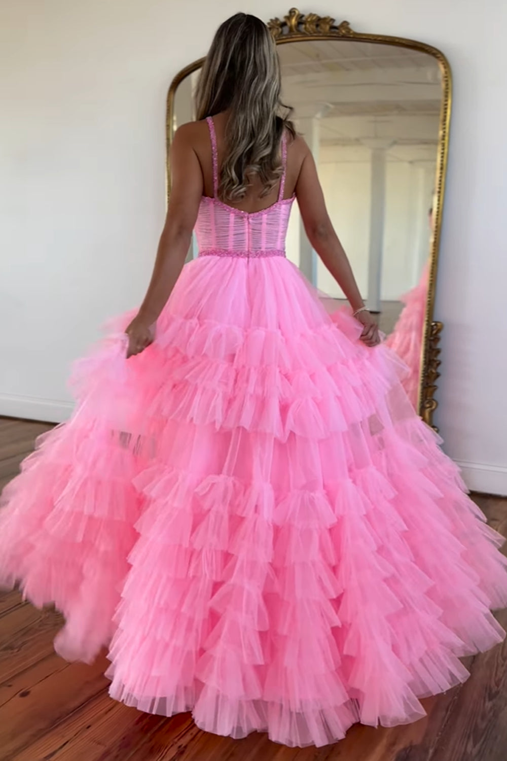 Princess Long Corset Prom Dress with Pink Spaghetti Straps and Tiered Tulle