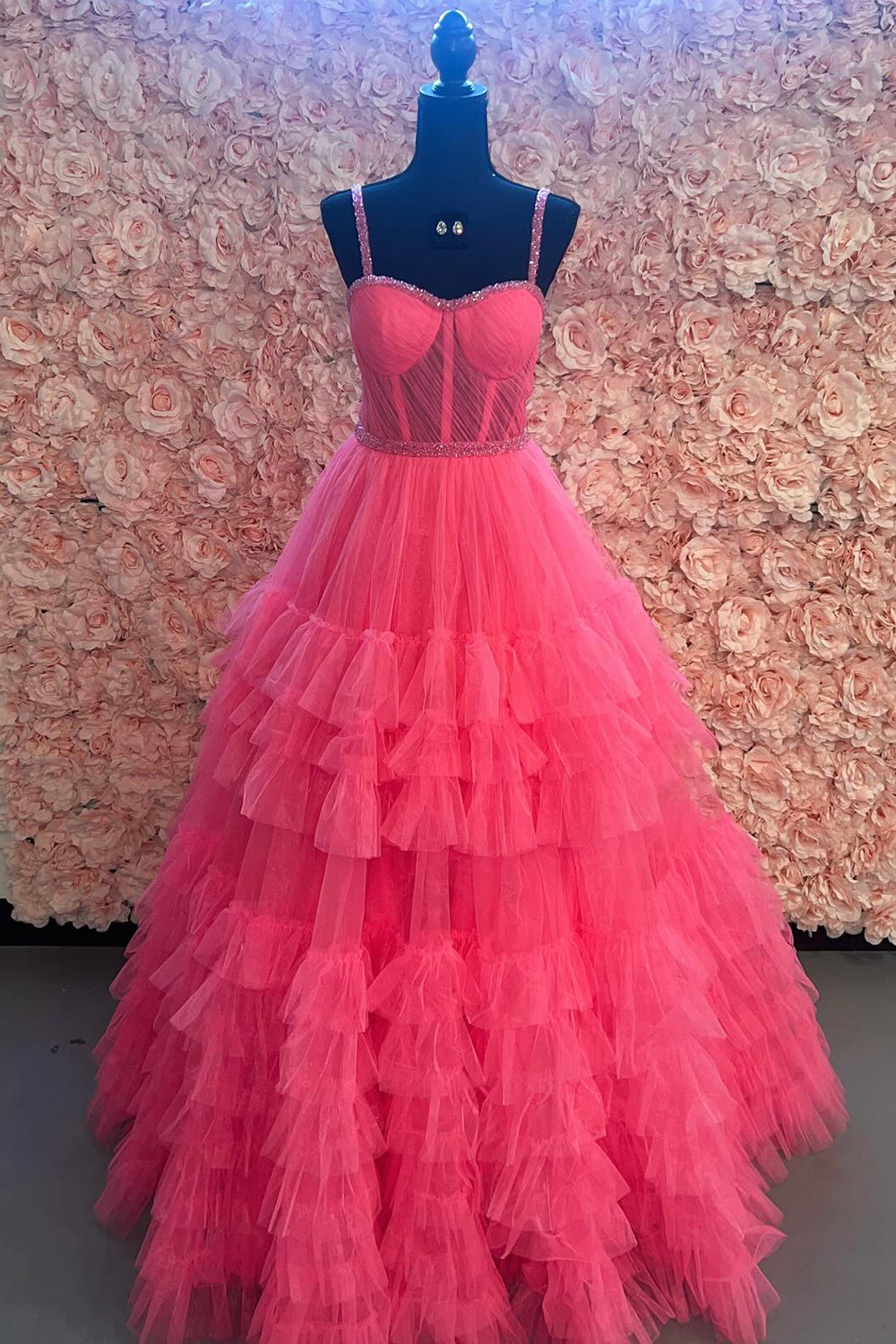 Princess Long Corset Prom Dress with Pink Spaghetti Straps and Tiered Tulle