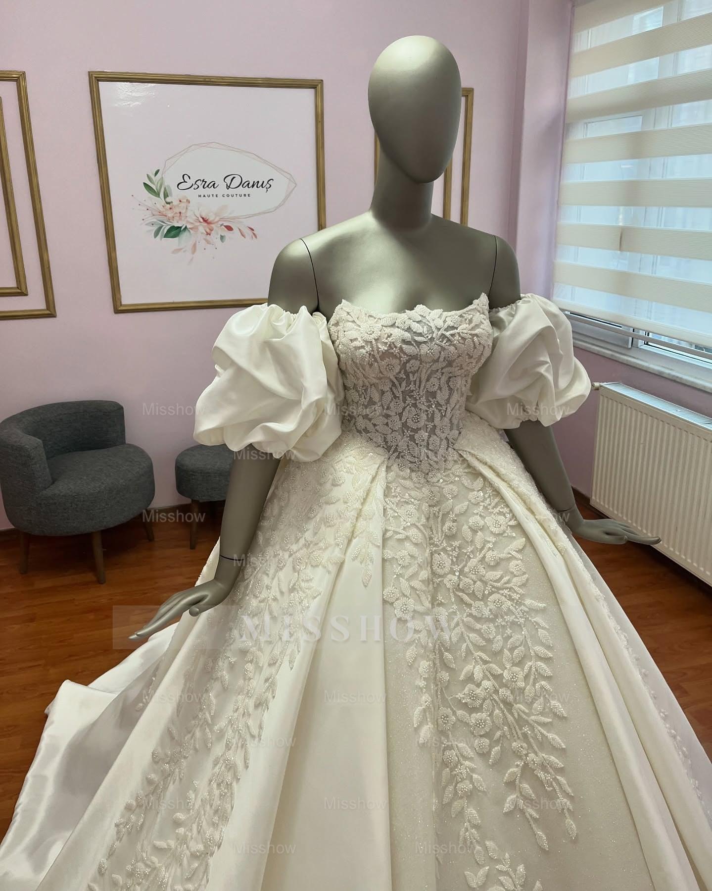 Princess Long Ivory Strapless Ball Gown Wedding Dress with Appliques and Detachable Sleeves