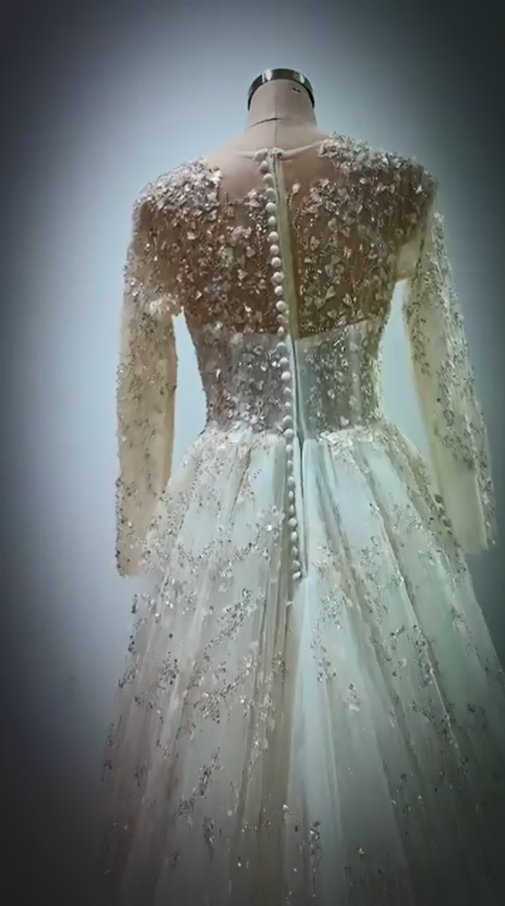 Princess Long White A-line V-neck Lace Wedding Dress With Long Sleeves