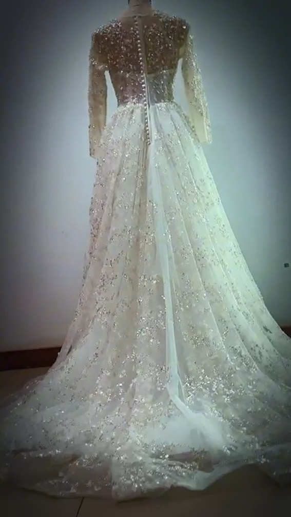 Princess Long White A-line V-neck Lace Wedding Dress With Long Sleeves