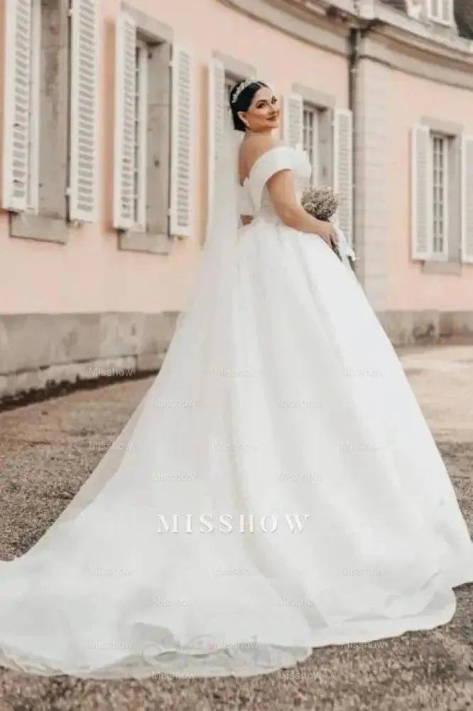 Princess Long White Off-the-shoulder A-line V-neck Organza Satin Wedding Dress