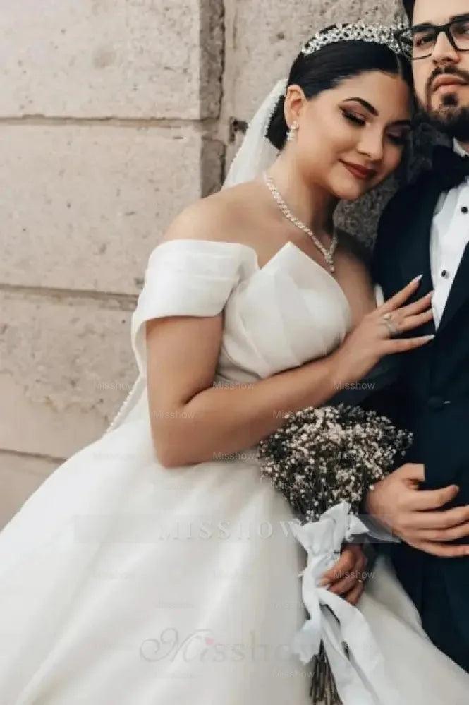 Princess Long White Off-the-shoulder A-line V-neck Organza Satin Wedding Dress