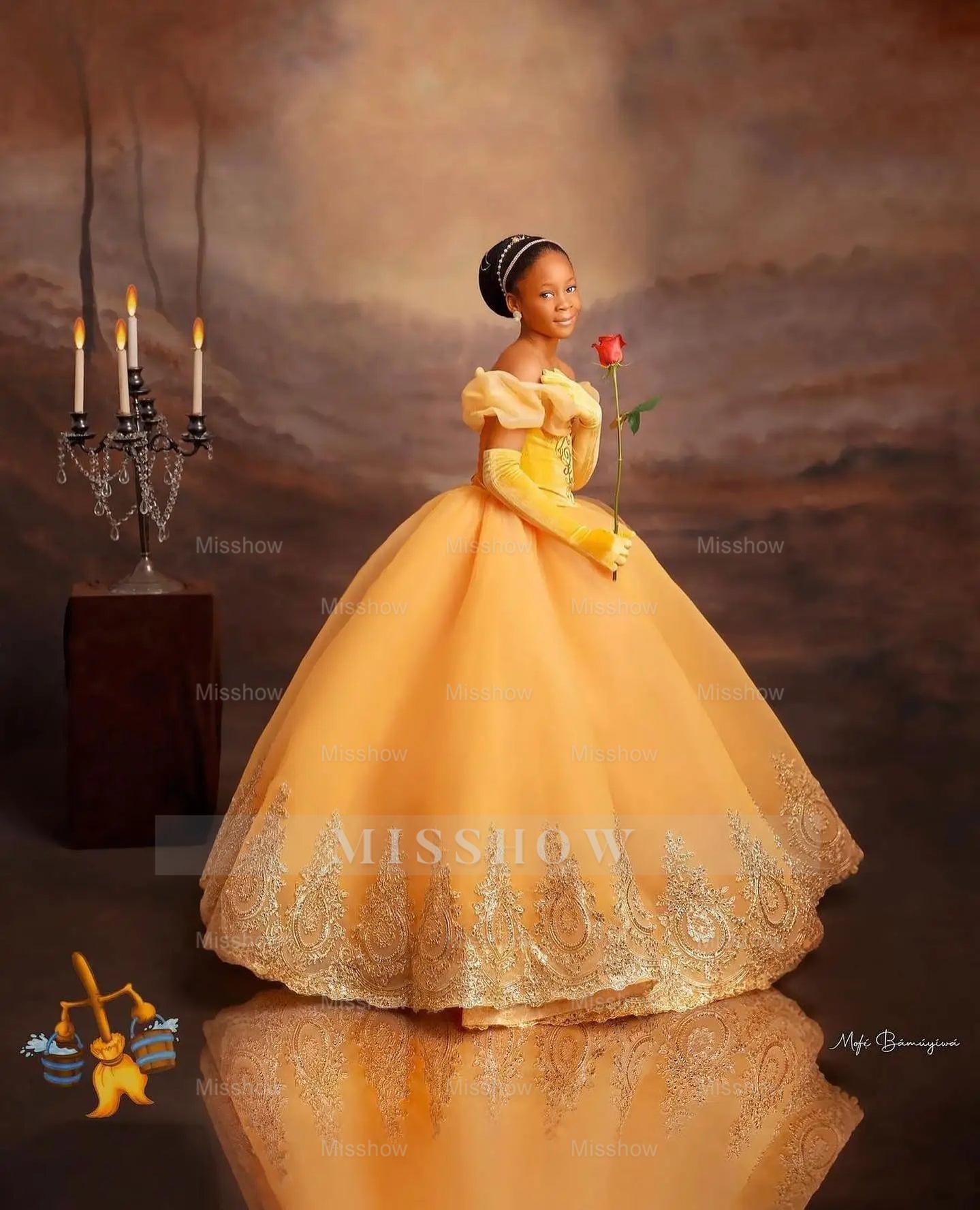 Princess Off The Shoulder Yellow Girl Pageant Lace Flower Girls Dresses for Wedding