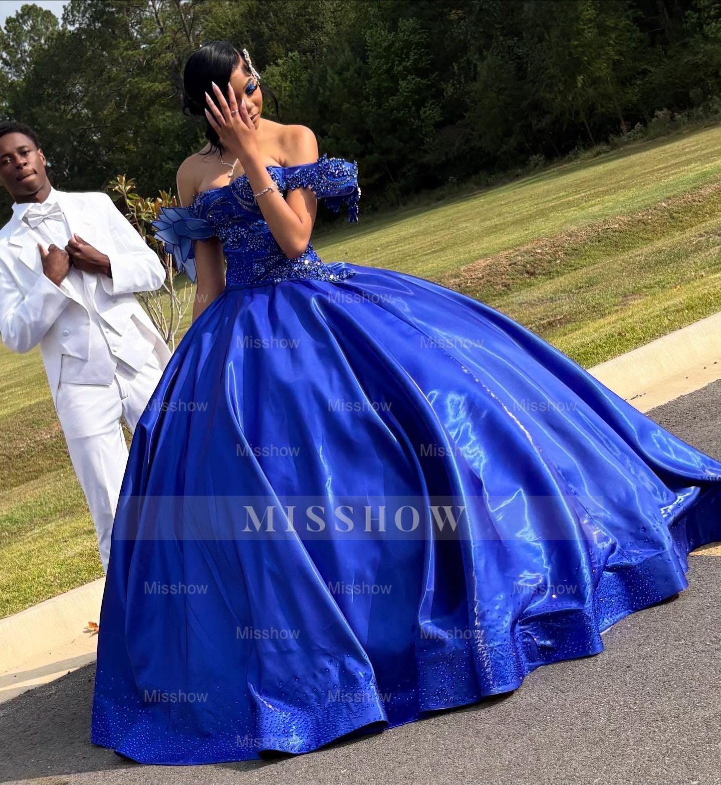 Princess Off-the-shoulder Long Ball Gown Royal Blue Satin Beaded Prom Dress