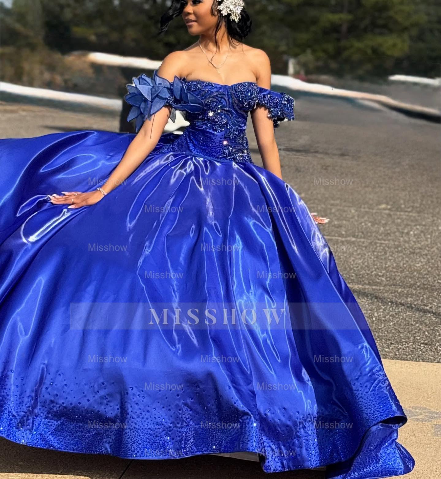 Princess Off-the-shoulder Long Ball Gown Royal Blue Satin Beaded Prom Dress