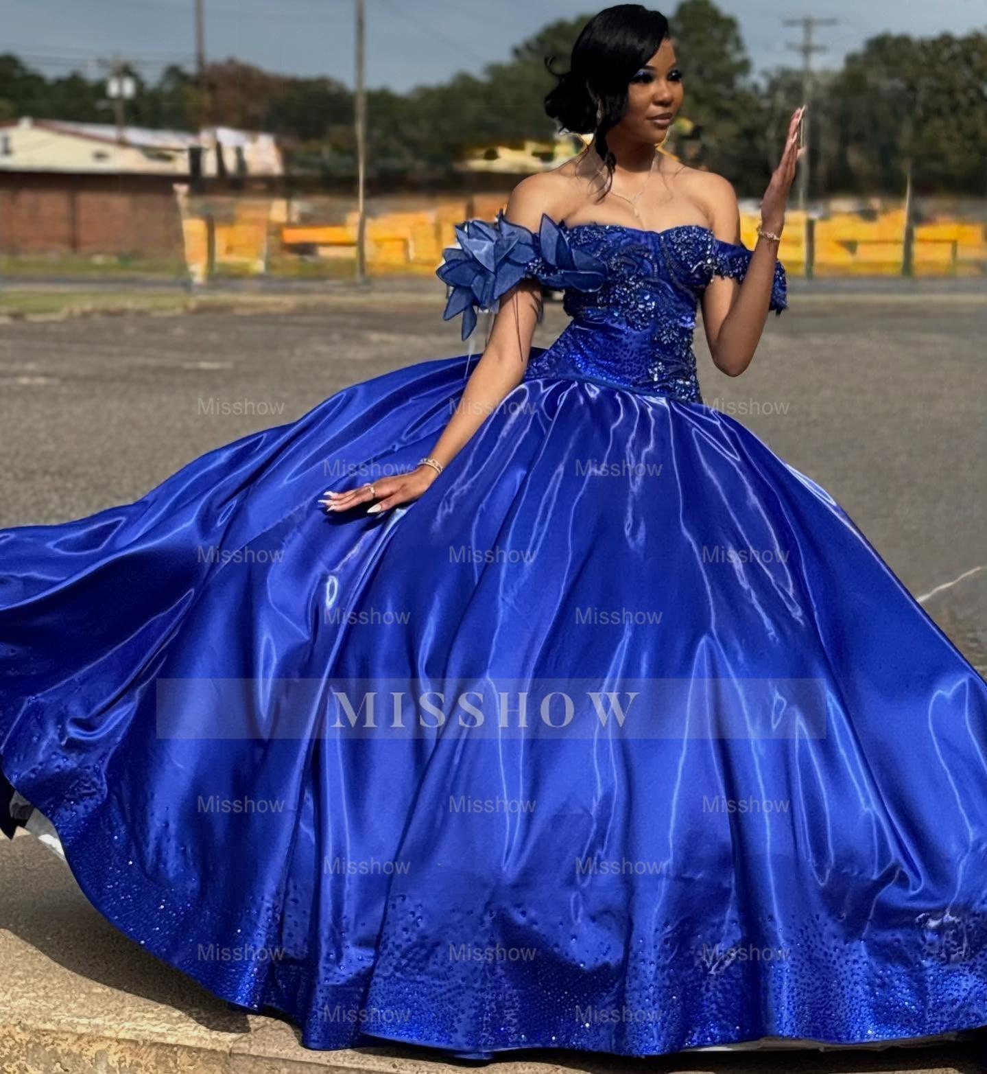 Princess Off-the-shoulder Long Ball Gown Royal Blue Satin Beaded Prom Dress