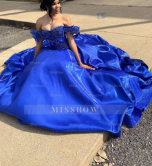 Princess Off-the-shoulder Long Ball Gown Royal Blue Satin Beaded Prom Dress