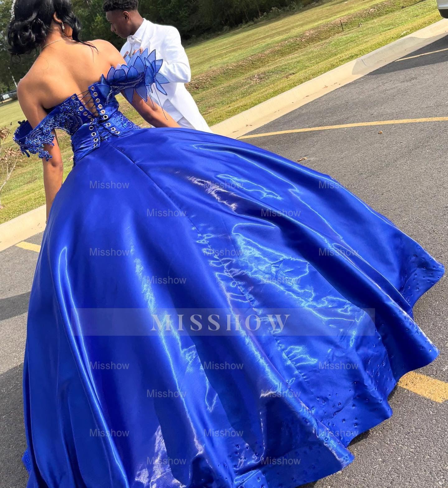 Princess Off-the-shoulder Long Ball Gown Royal Blue Satin Beaded Prom Dress