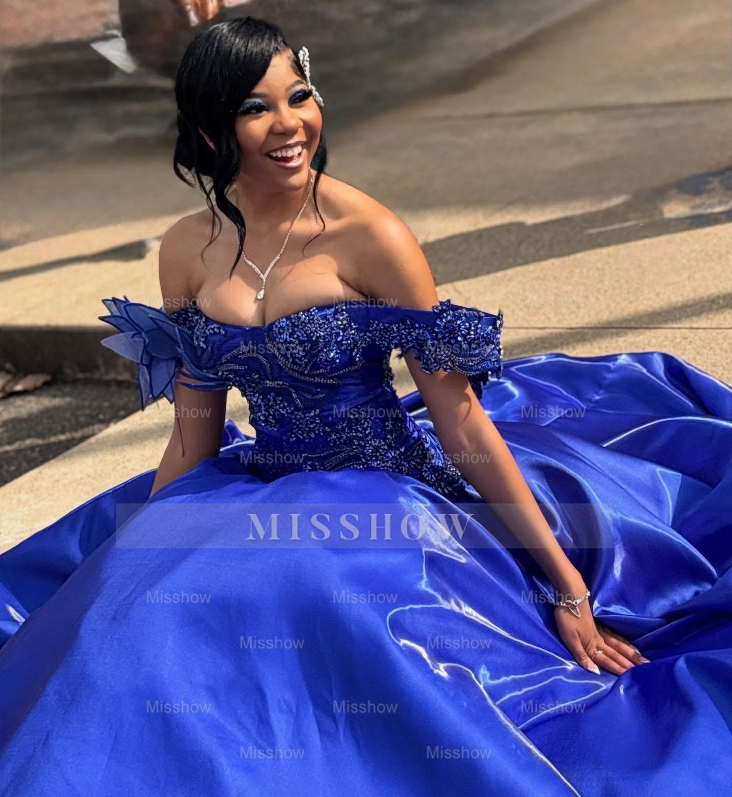 Princess Off-the-shoulder Long Ball Gown Royal Blue Satin Beaded Prom Dress