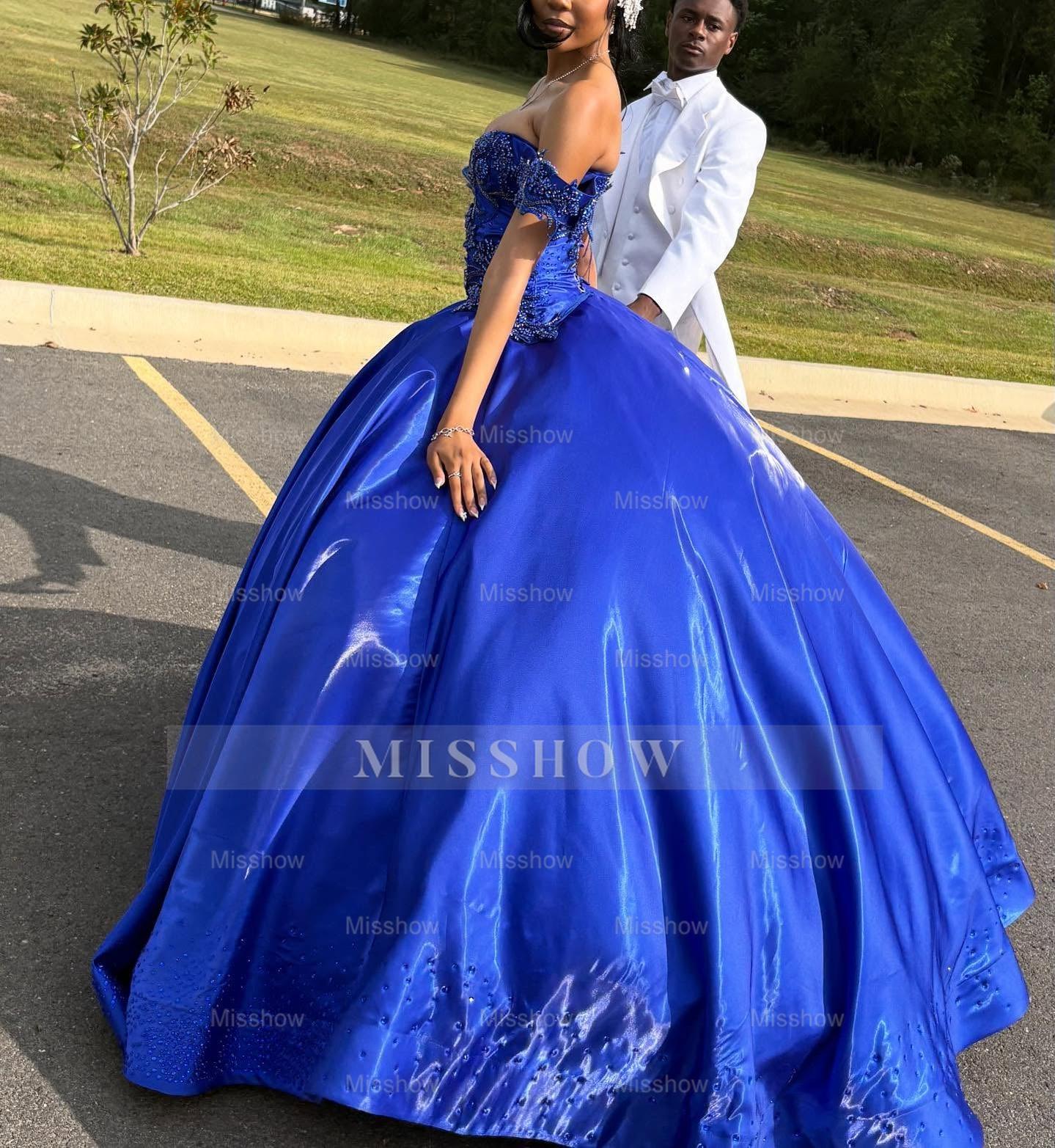 Princess Off-the-shoulder Long Ball Gown Royal Blue Satin Beaded Prom Dress