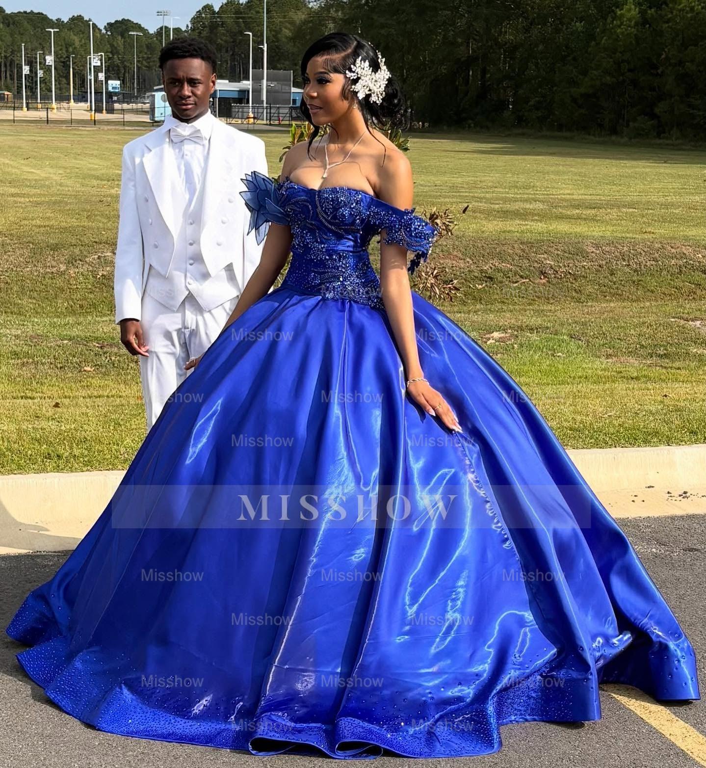 Princess Off-the-shoulder Long Ball Gown Royal Blue Satin Beaded Prom Dress