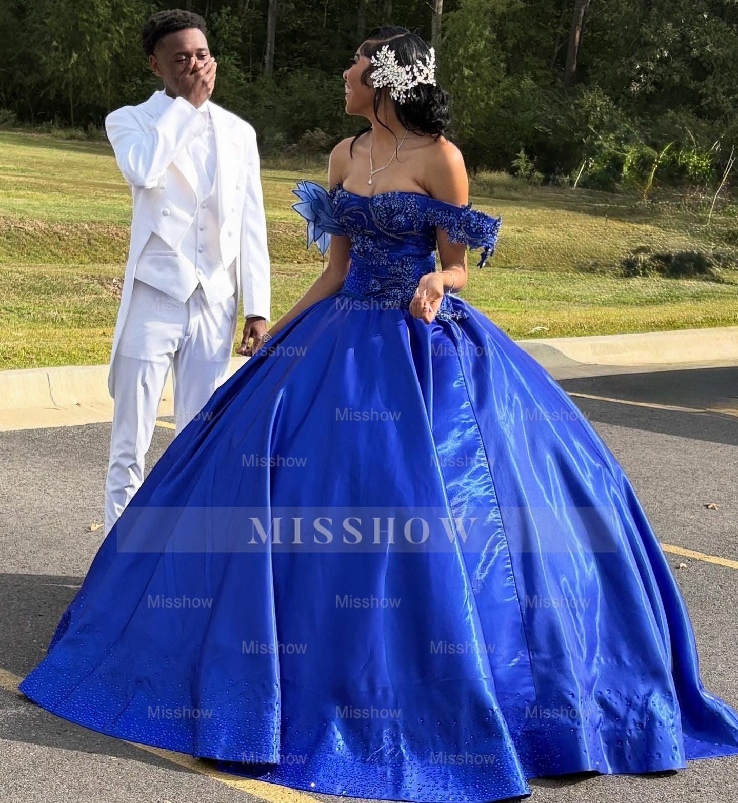 Princess Off-the-shoulder Long Ball Gown Royal Blue Satin Beaded Prom Dress
