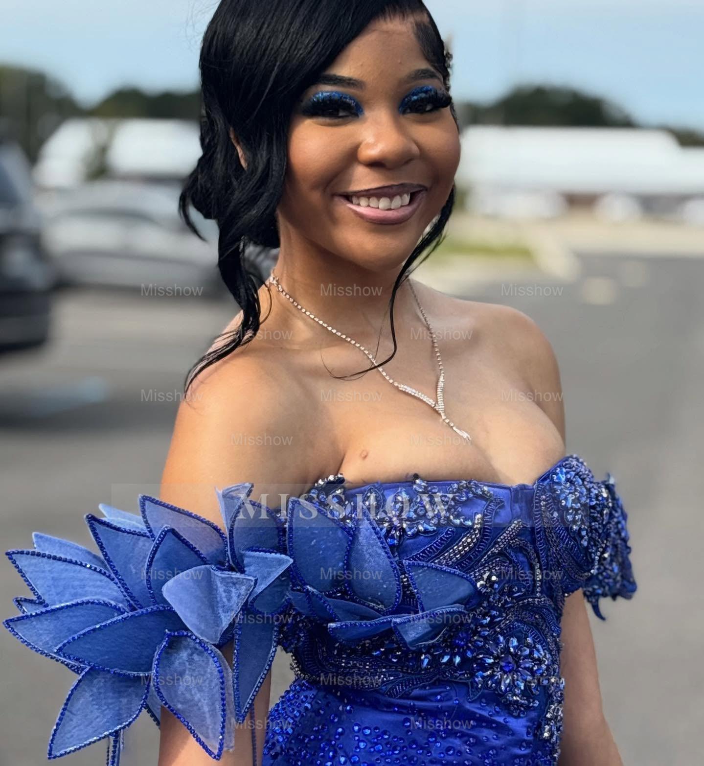 Princess Off-the-shoulder Long Ball Gown Royal Blue Satin Beaded Prom Dress